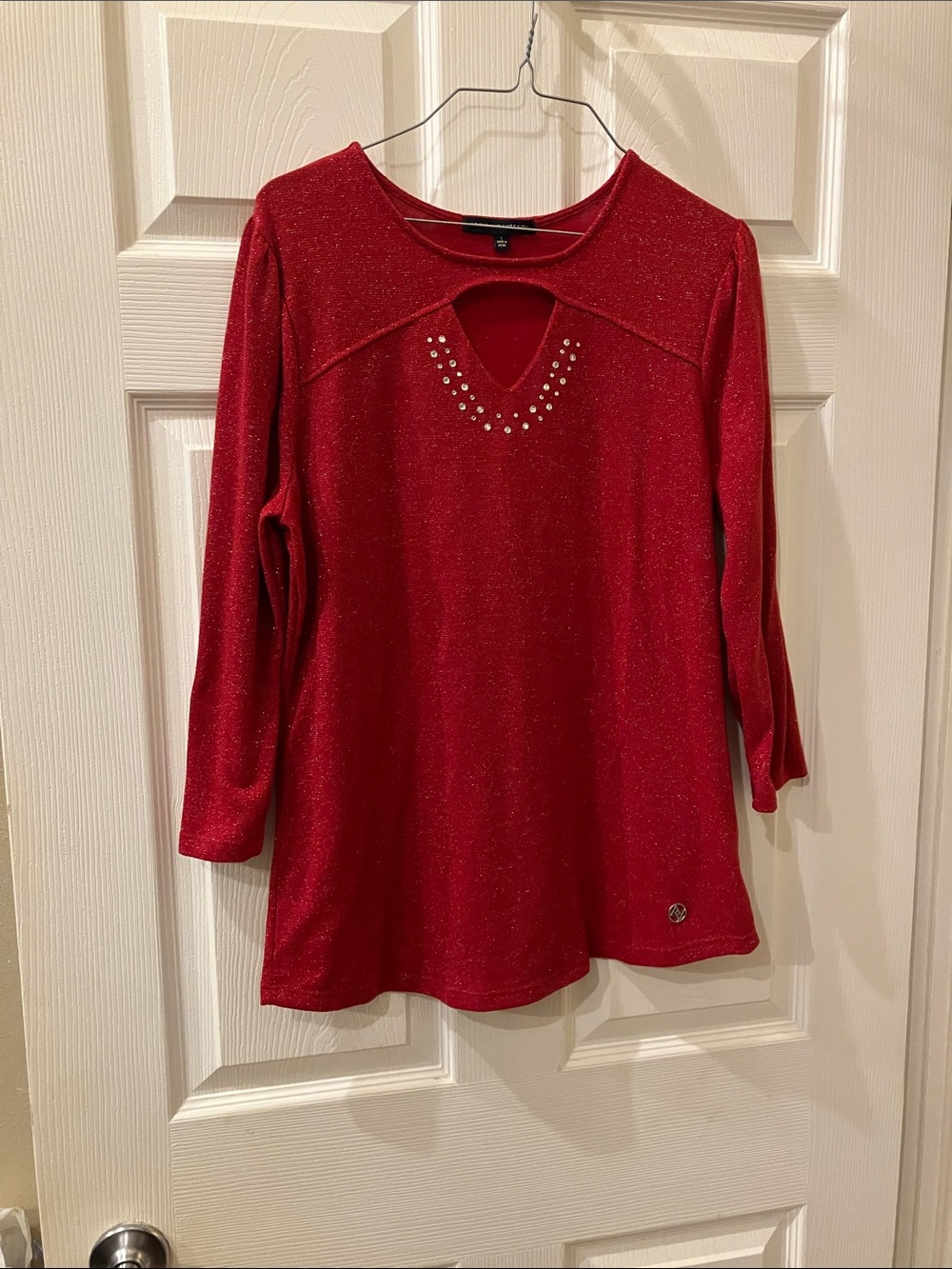 Adrienne Vittadini Red Sparkle Long Sleeve Top with Rhinestone V